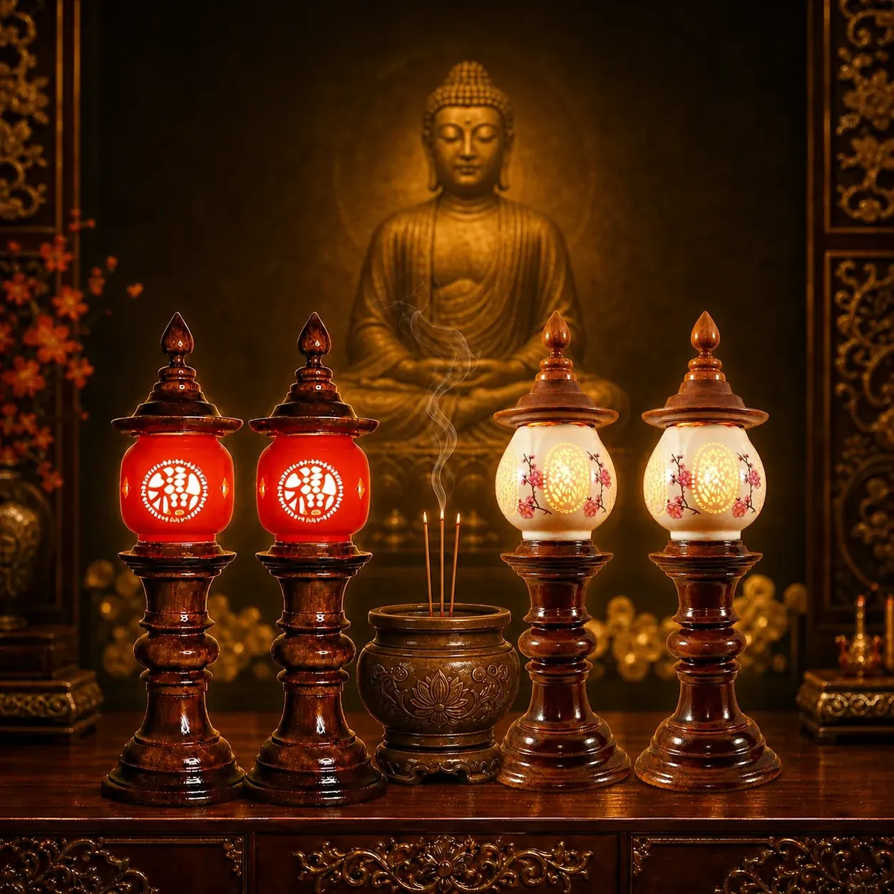 Hai cặp đèn thờ gỗ gụ đặt hai bên bát hương đang tỏa khói, phía sau là tượng Phật nền ánh vàng ấm
