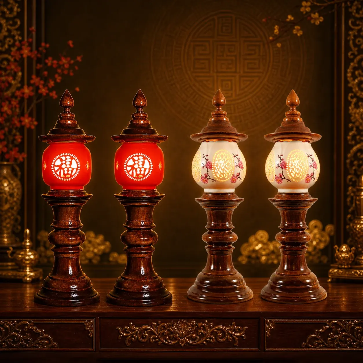 Hai mẫu đèn gỗ gụ thủ công Hồng Phúc và Đào Xuân trong không gian nội thất gỗ